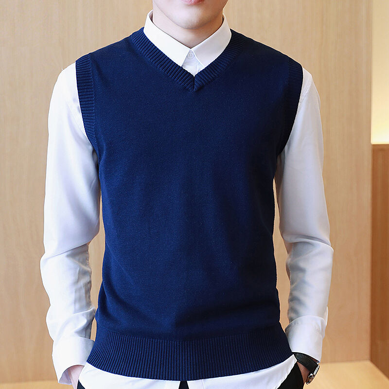 LUX ANGNER Sweater Men 100% Cotton Solid V Neck Vest Sweaters Men Fashion Knitted Sleeveless Pullover Sweater Casual Men's Clothing (Dark blue)