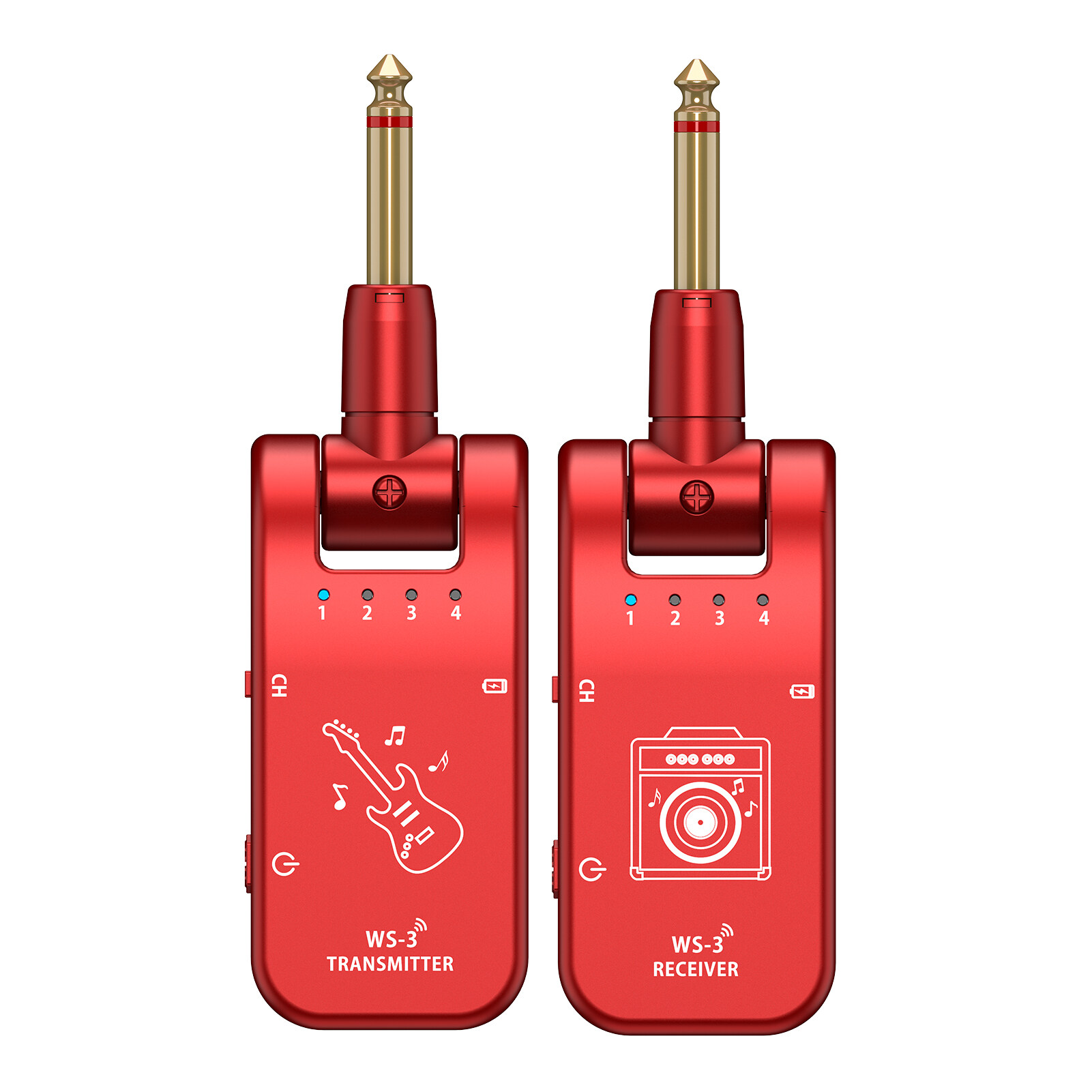 UHF 4 Channels Wireless Guitar System Tran-smitter and Receiver 800MHz-900MHz Plug and Play 282-degree Rotation 6.35mm Audio Interface Electric Music Instrument System